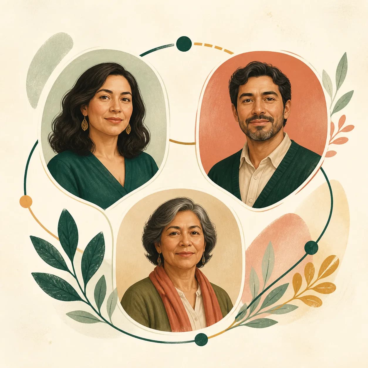Retratos ilustrados de profesionales conectados en una red de apoyo