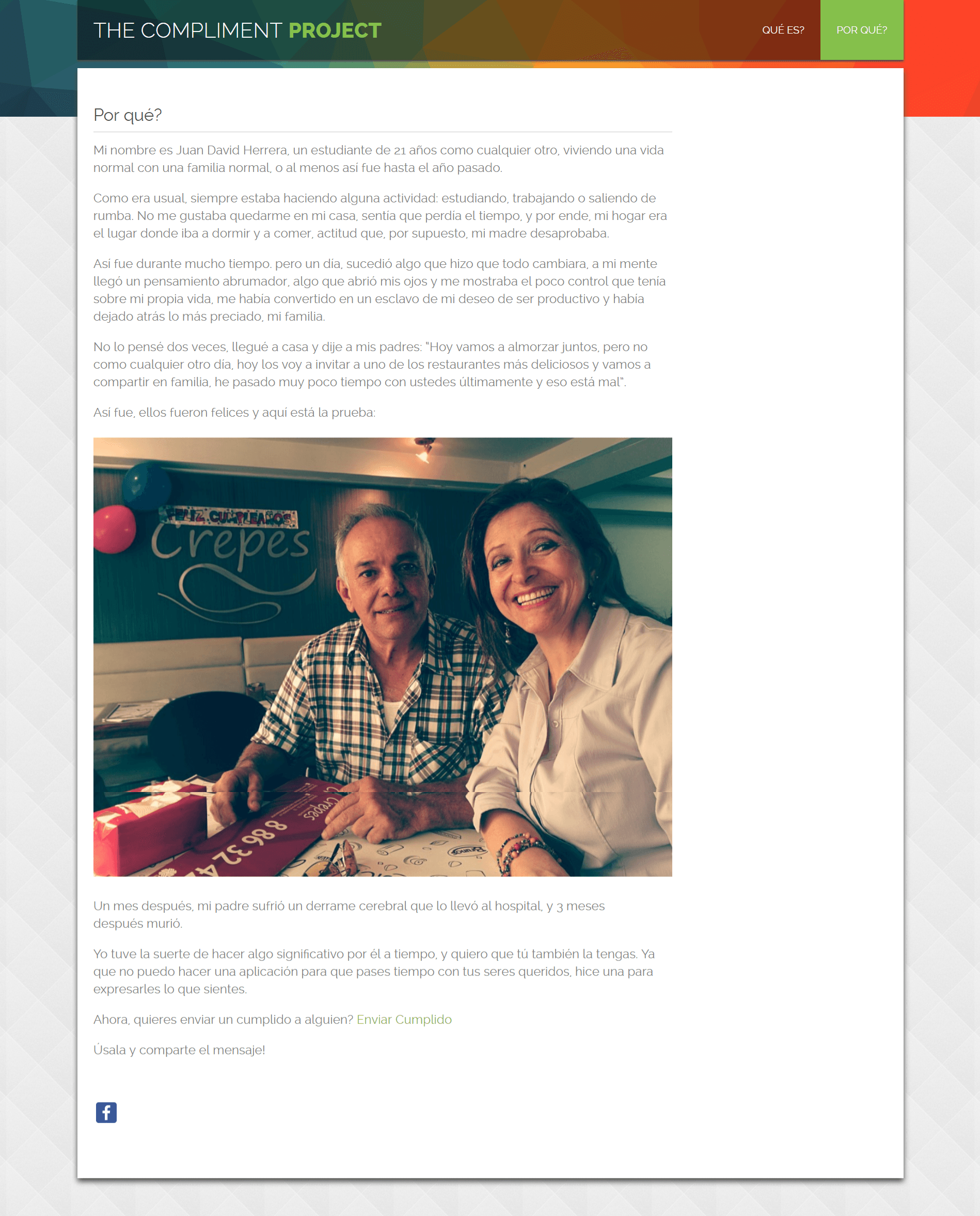 The original Compliment Project page explaining the family story that inspired the tool