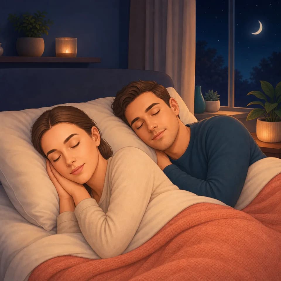 Two adults sleeping peacefully and undisturbed in a quiet moonlit bedroom
