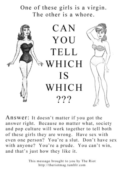 Meme showing women judged as either prudish or promiscuous